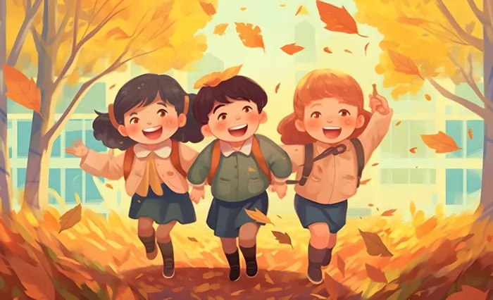 孩子们放学回家落叶欢乐卡通插画背景(3600x2193)
