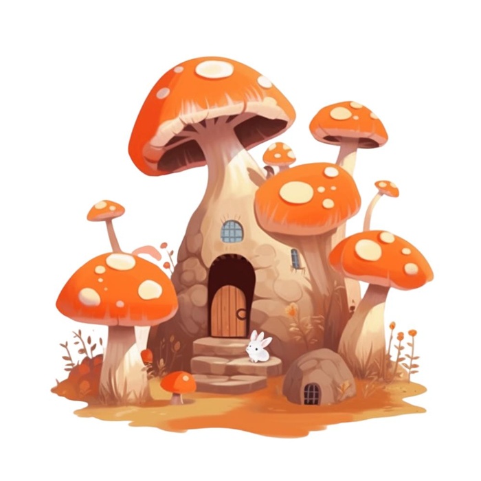 卡通插画蘑菇屋兔子免抠(1024x1024)