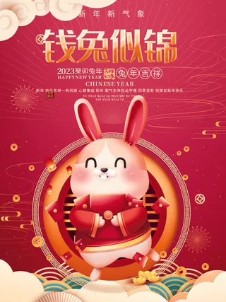 喜庆红色新年2023兔年海报