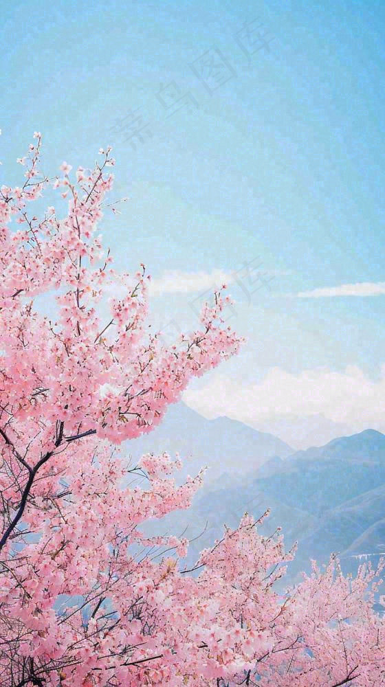 春天山河边蓝天粉色樱花花朵，惊蛰立春