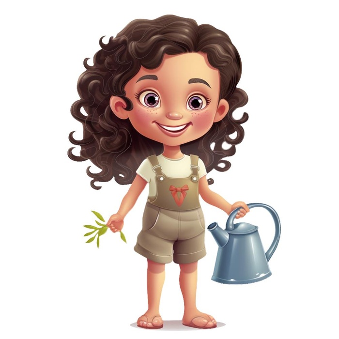 小女孩拿着水壶浇水绿植草人物插画免抠