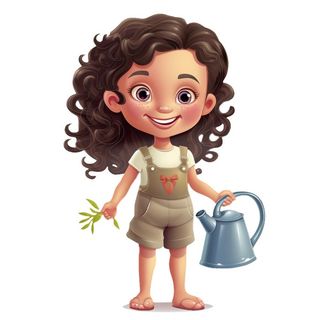 小女孩拿着水壶浇水绿植草人物插画免抠