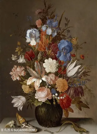 高清唯美瓶中鲜花花卉油画图片