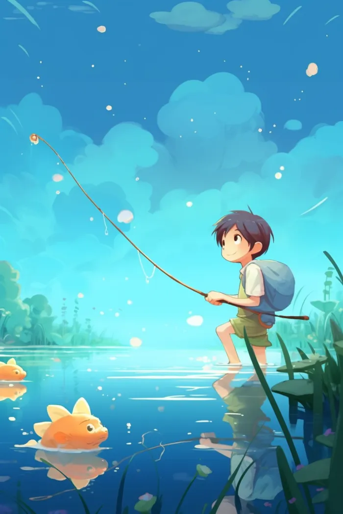 夏日插画男孩在河流湖泊钓鱼背景(x)