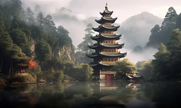 宝塔倒映在树木旁边的水中的山景(4272x2544)