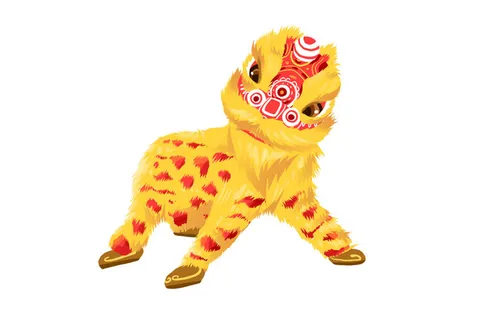 新年春节虎年元宵手绘人物舞狮卡通狮子头插画元素PSD设计素材