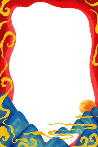 国潮手绘古风海浪花朵祥云装饰边框相框免抠