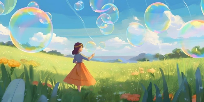 蓝天白云彩色泡泡彩虹草原树林风景插画背景(6144x3072)