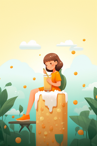 穿着橙色衣服的女孩坐着喝饮料卡通插画