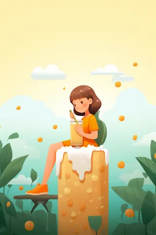 穿着橙色衣服的女孩坐着喝饮料卡通插画