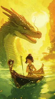 国风中国龙龙年落日黄绿色意境海浪插画手绘