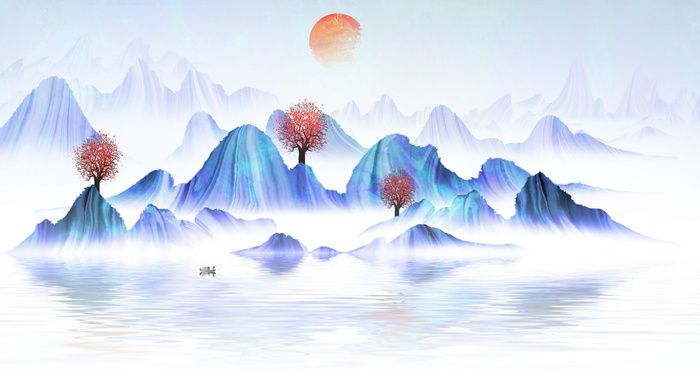 水墨色彩山峰绘画PSD素材