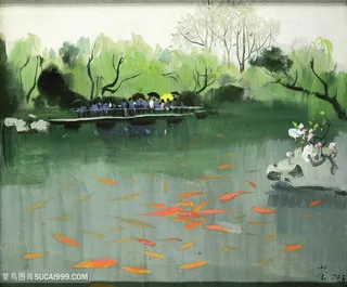 吴冠中手绘鱼塘水墨风景画装饰画