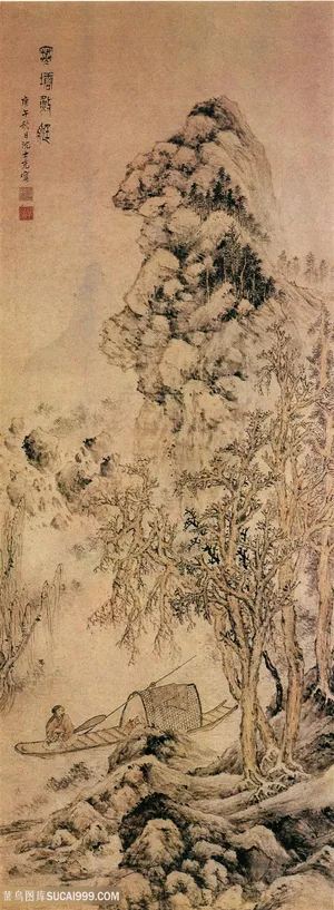 中国风界画寒塘渔艇图