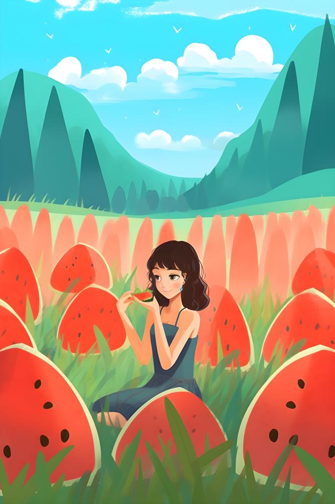 蓝天白云吃西瓜的女孩山草地插画背景(3584x5376)
