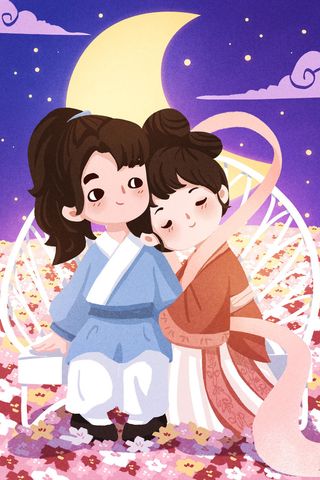 国潮中国唯美七夕节情人节牛郎织女商场宣传促销海报PSD素材模板