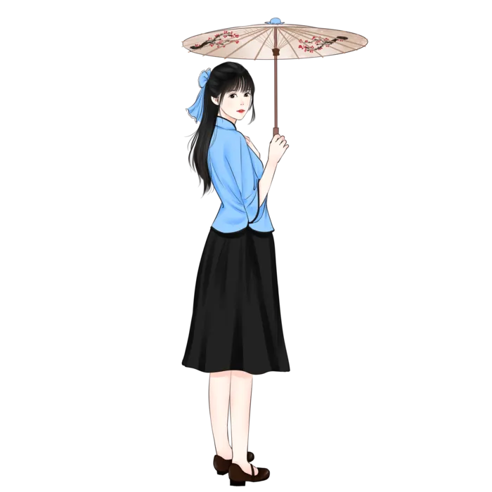 打着印有梅花图案的油纸雨伞民国少女二