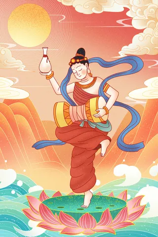 复古中国风国潮神话人物敦煌插画仙女手绘海报背景PSD设计素材
