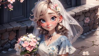 动漫风女孩婚纱花朵新娘插画