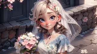 动漫风女孩婚纱花朵新娘插画