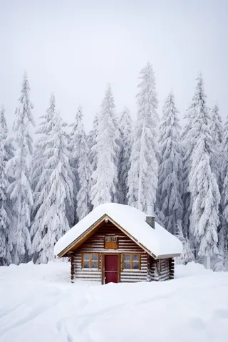 冬天雪景里的小木屋挂满雪的松树摄影图