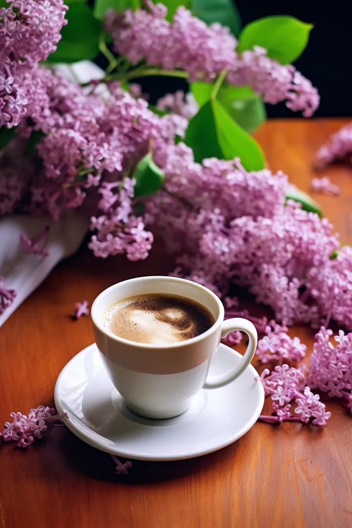 紫粉色鲜花书桌咖啡杯下午茶摄影图 (2688x4032)