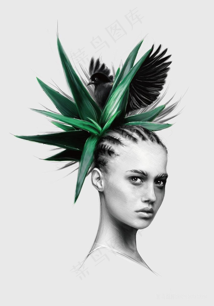 唯美植物美女黑白装饰画