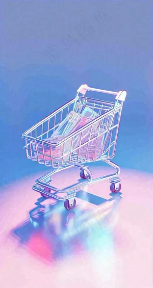 彩色奇幻渐变蓝紫粉色购物车手推车3D