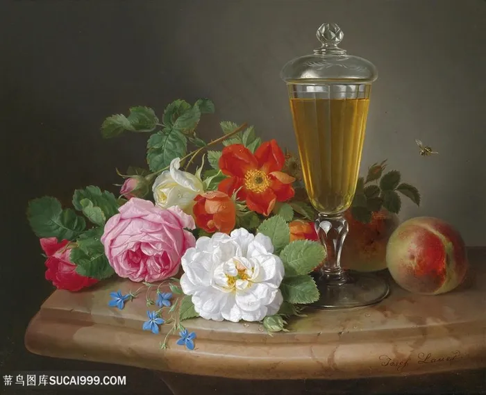 静物酒杯水果花卉油画图片