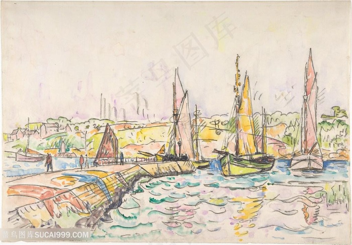 法语，巴黎，1863-1935年湖畔船美景装饰画