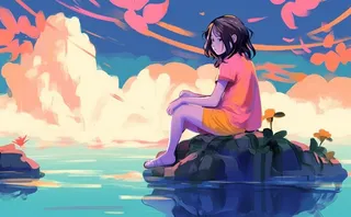 绚丽天空女孩坐着石头上漫画风背景