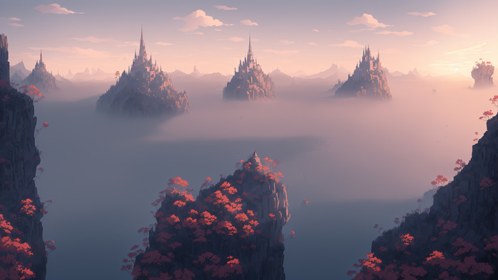 美丽大气写意风景背景壁纸插画-龙崖君临堡