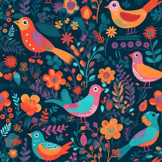 花鸟图，插画风格，无缝贴图，素材