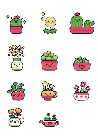 手绘可爱的盆栽植物