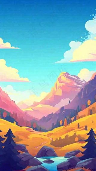 落日山脉河流小溪扁平手绘插画，旅行游玩登山郊游