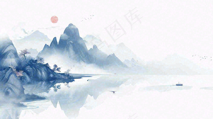 山水画简约白色河面插画手绘，中国风古风(1456x816)