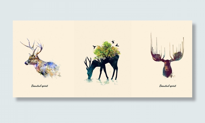三联手绘小鹿发财鹿装饰画
