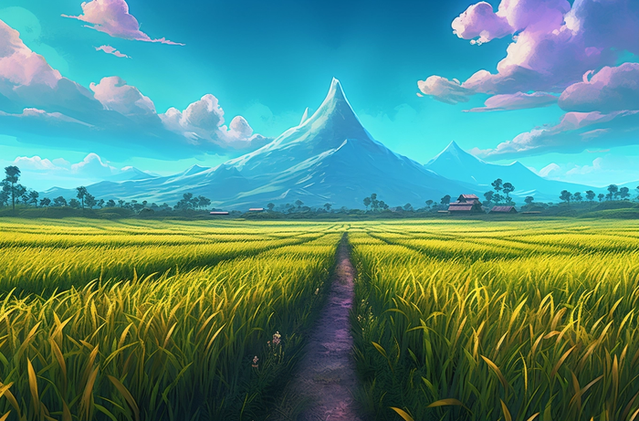 蓝天白云下黄色的稻田插画背景(4080x2688)