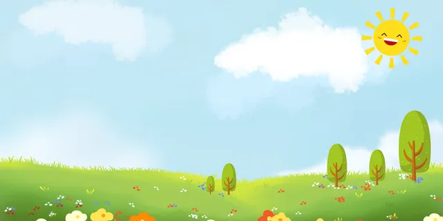春天蓝天白云草地树木卡通背景展板卡通边框