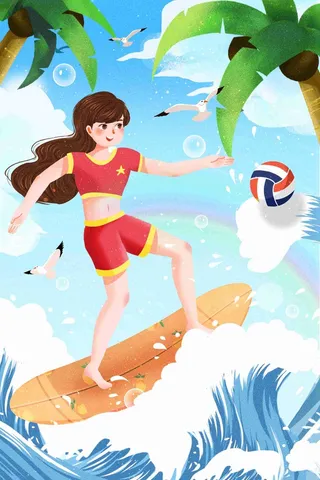 卡通小清新处暑小暑三伏天少女冲浪插画