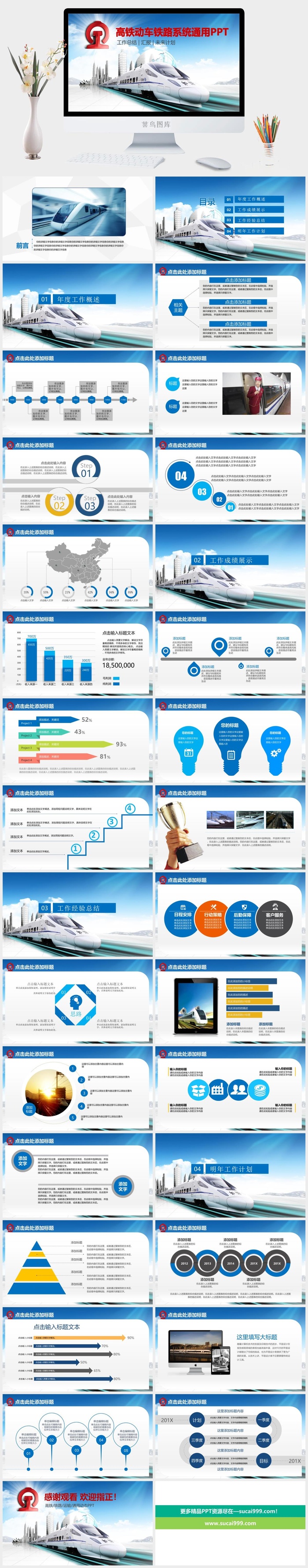 蓝色交通动车高铁铁路系统通用PPT设计