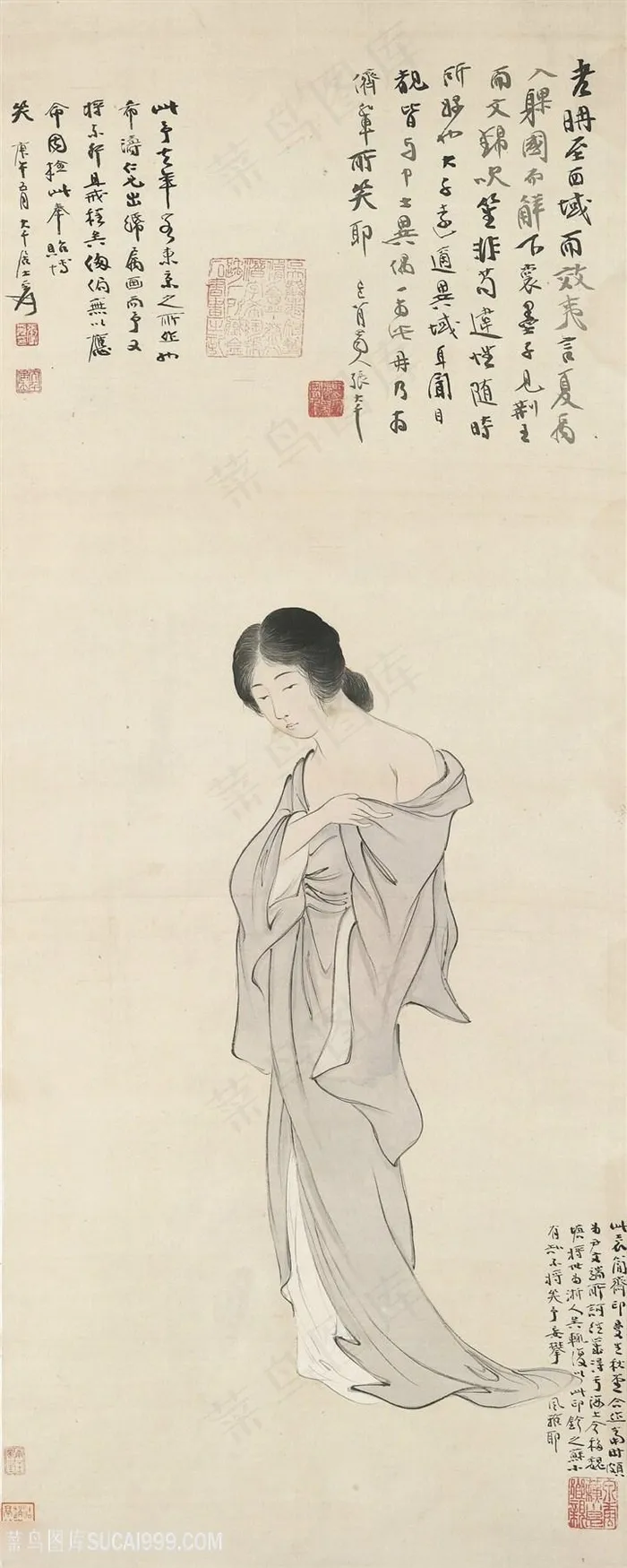 张大千手绘水墨女性插画