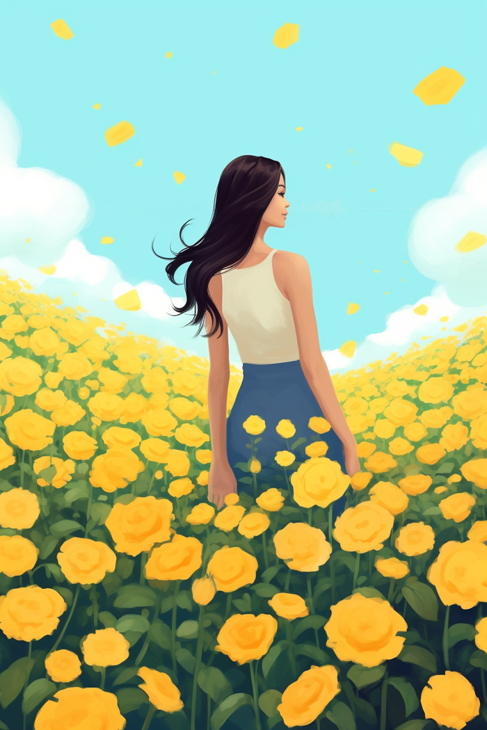 黄色花海里的少女蓝天白云卡通插画(x)