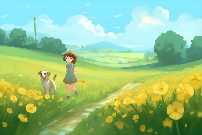 蓝天白云草坪草原人物黄色花朵手绘插画海报素材背景
