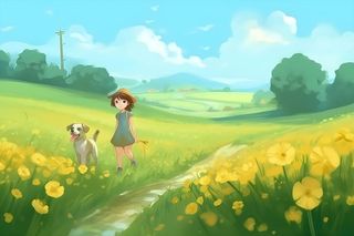 蓝天白云草坪草原人物黄色花朵手绘插画海报素材背景