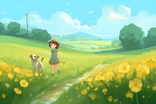 蓝天白云草坪草原人物黄色花朵手绘插画海报素材背景