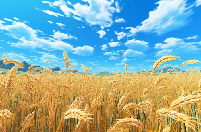 蓝天白云下金黄色的稻田插画背景(4080x2688)