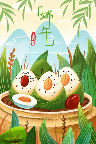 国潮风中国传统节日端午节赛龙舟粽子场景插画海报PSD设计素材