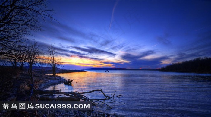 蓝湖夕阳美景山水风景图片