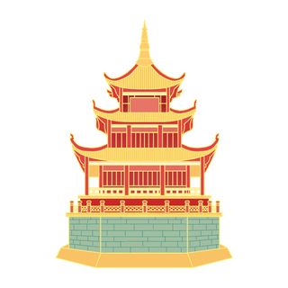 复古中国风国潮古建筑插画手绘高楼古塔PSD素材亭子png免抠图